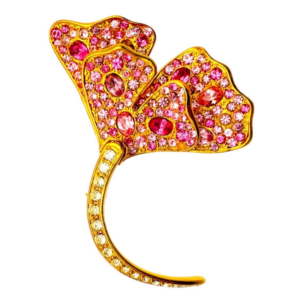 Kenneth Jay Lane Original Sample Pink Peony Crystal Blossom Brooch, Gold Plated